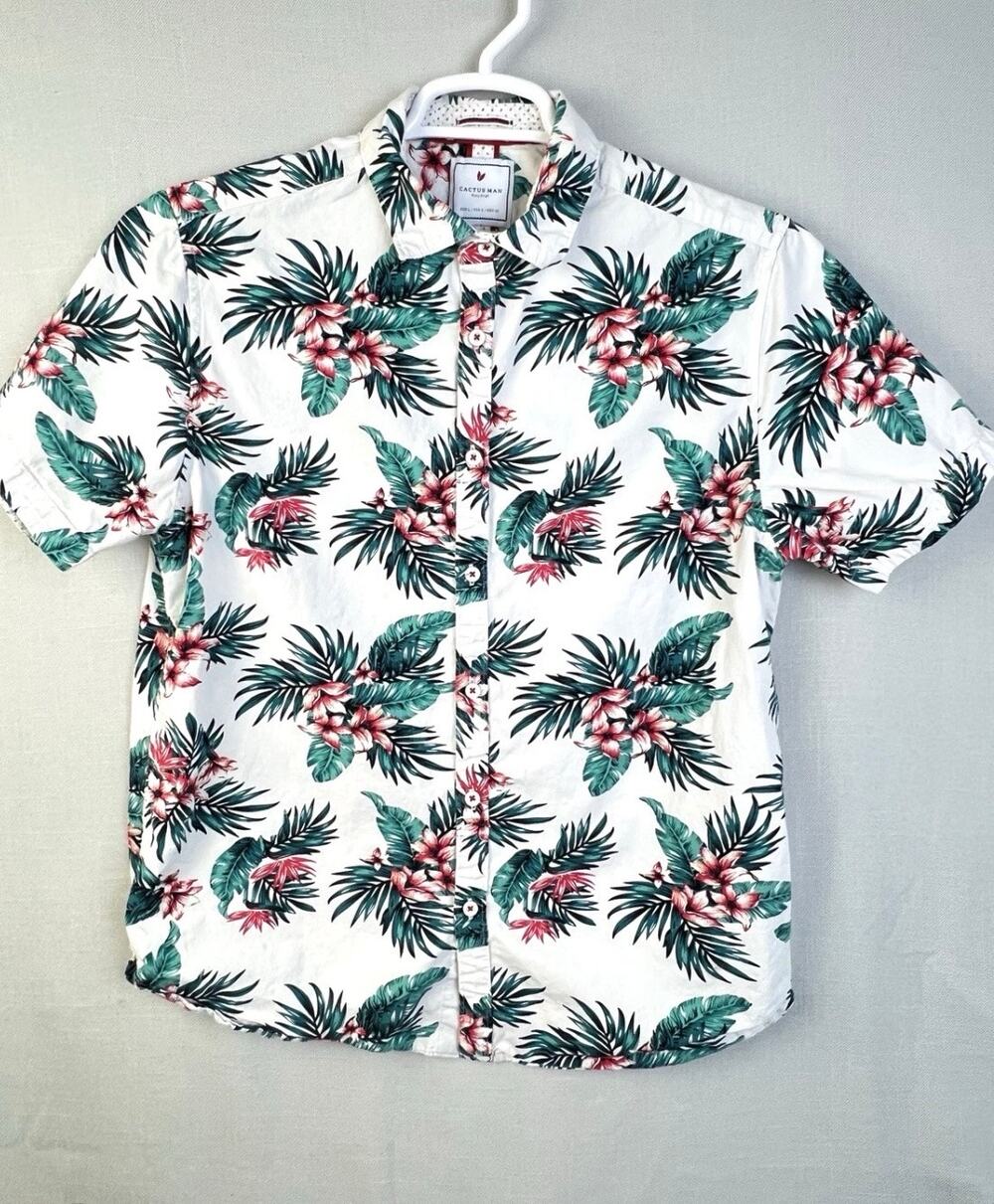Cactus Man Ricky Singh Tropical Shirt Men L 42 Slim Fit Floral Beach Green Camp